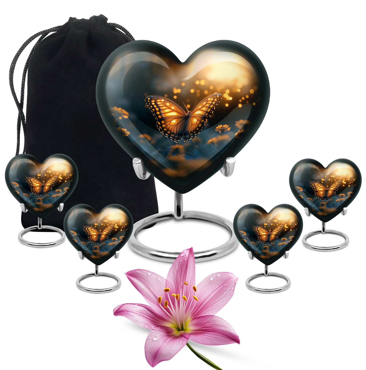 Rich Black Butterfly Cremation Urn close-up of engraving and surface detail - loving heart memorial featuring butterfly pattern - memorial set with one large and four small urns