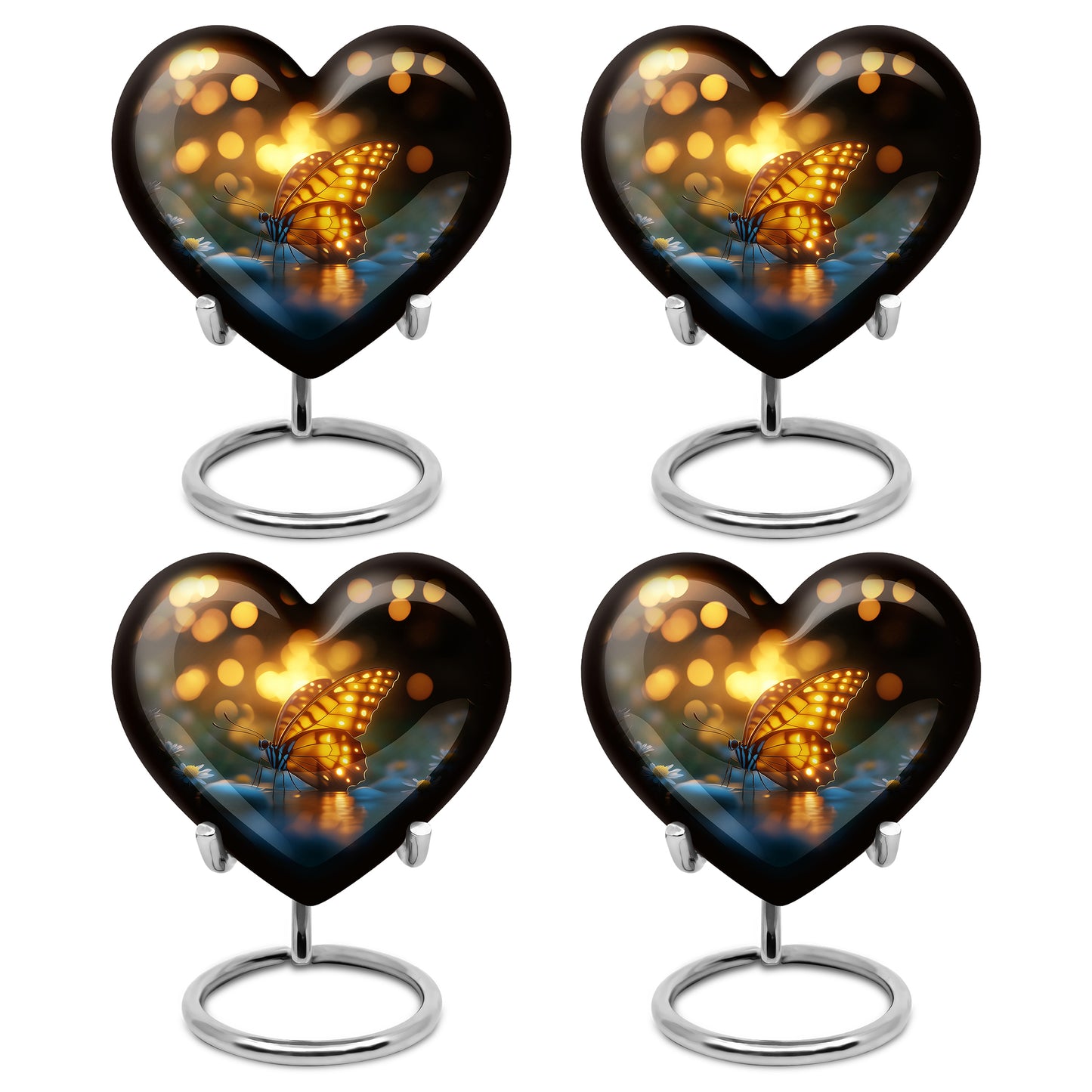 Jet Black Butterfly Cremation Urn angled view of lid and engraved motif - loving heart memorial featuring butterfly pattern - 10 inch aluminum urn for cremated remains