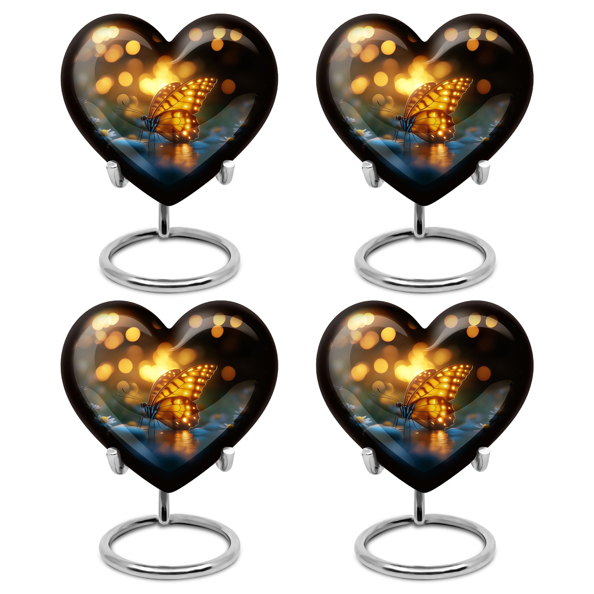 Jet Black Butterfly Cremation Urn angled view of lid and engraved motif - loving heart memorial featuring butterfly pattern - 10 inch aluminum urn for cremated remains