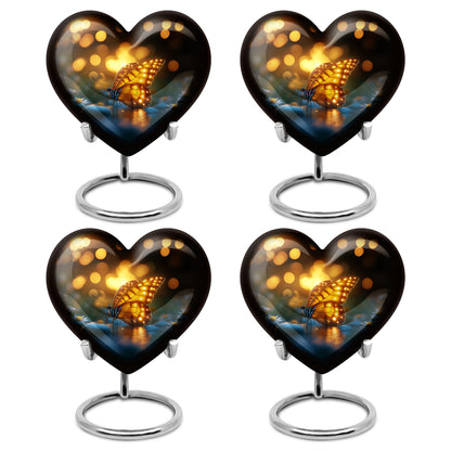Jet Black Butterfly Cremation Urn angled view of lid and engraved motif - loving heart memorial featuring butterfly pattern - 10 inch aluminum urn for cremated remains
