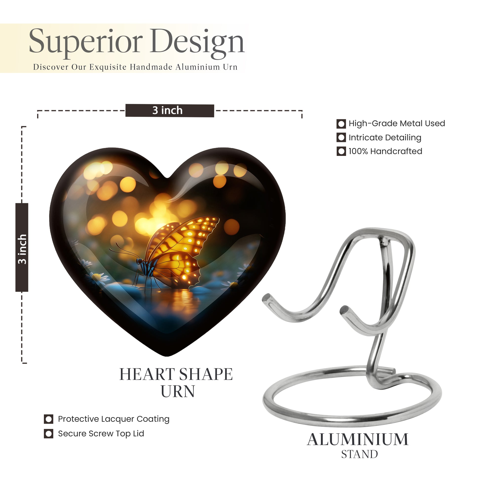 Ebony Butterfly Cremation Urn front view showing detailed design - heart-shaped butterfly design symbolizing eternal love - mini keepsake memorial for portion of cremation ashes