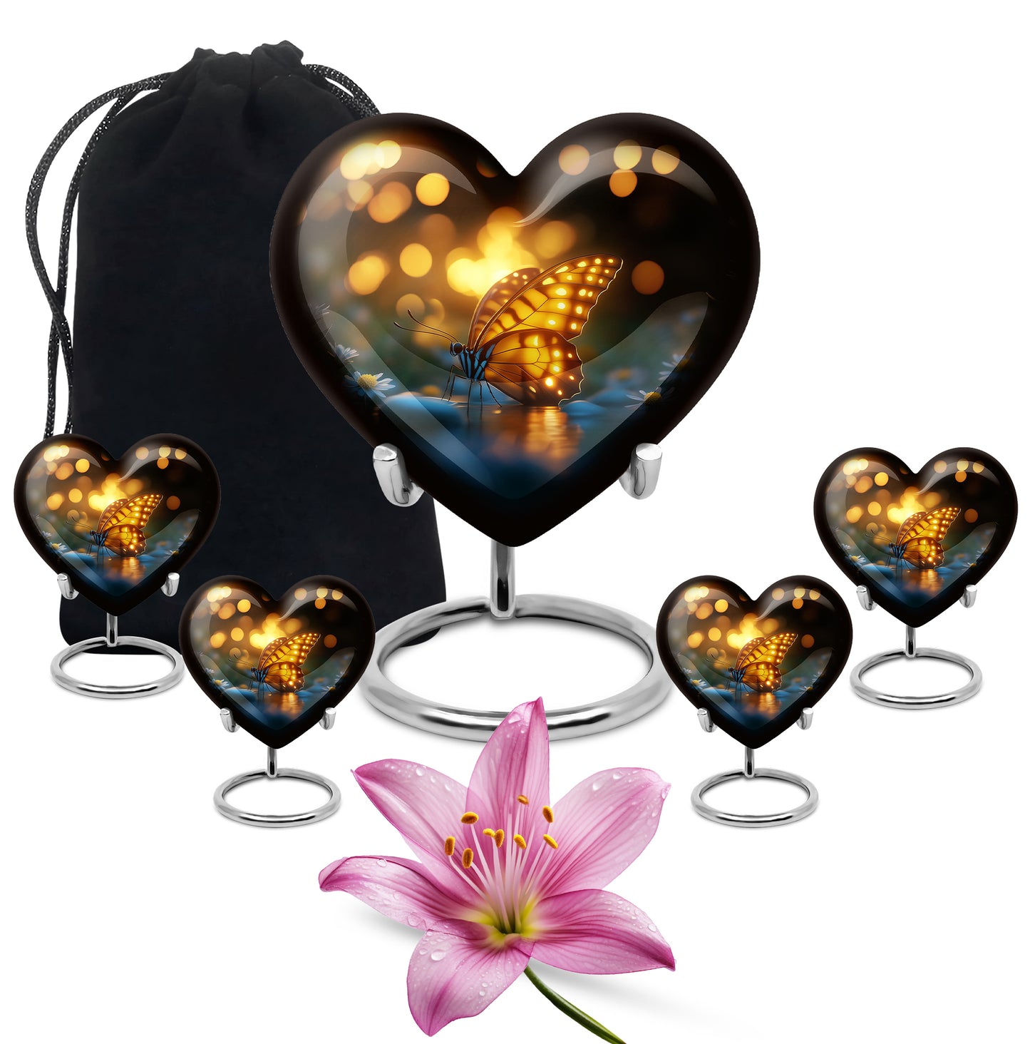 Rich Black Butterfly Cremation Urn close-up of engraving and surface detail - loving heart memorial featuring butterfly pattern - memorial set with one large and four small urns