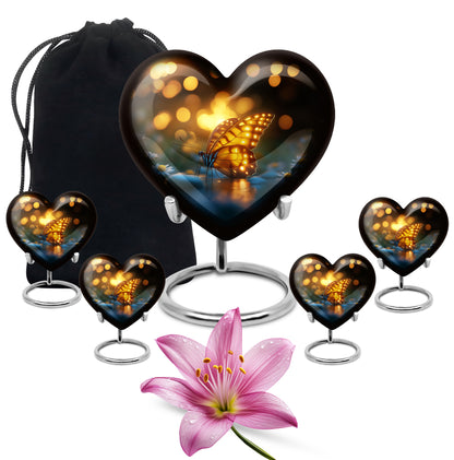 Rich Black Butterfly Cremation Urn close-up of engraving and surface detail - loving heart memorial featuring butterfly pattern - memorial set with one large and four small urns