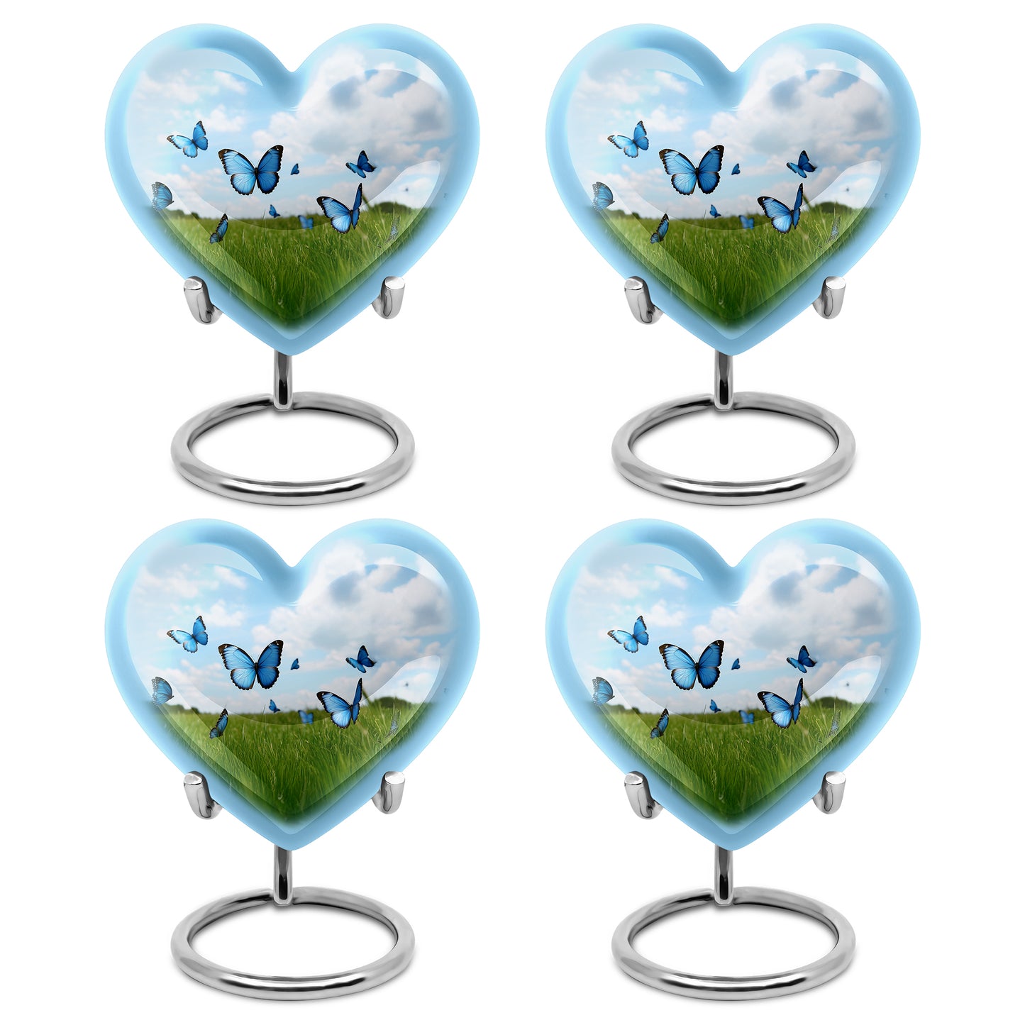 Misty Blue Butterfly Cremation Urn angled view of lid and engraved motif - loving heart memorial featuring butterfly pattern - 10 inch aluminum urn for cremated remains
