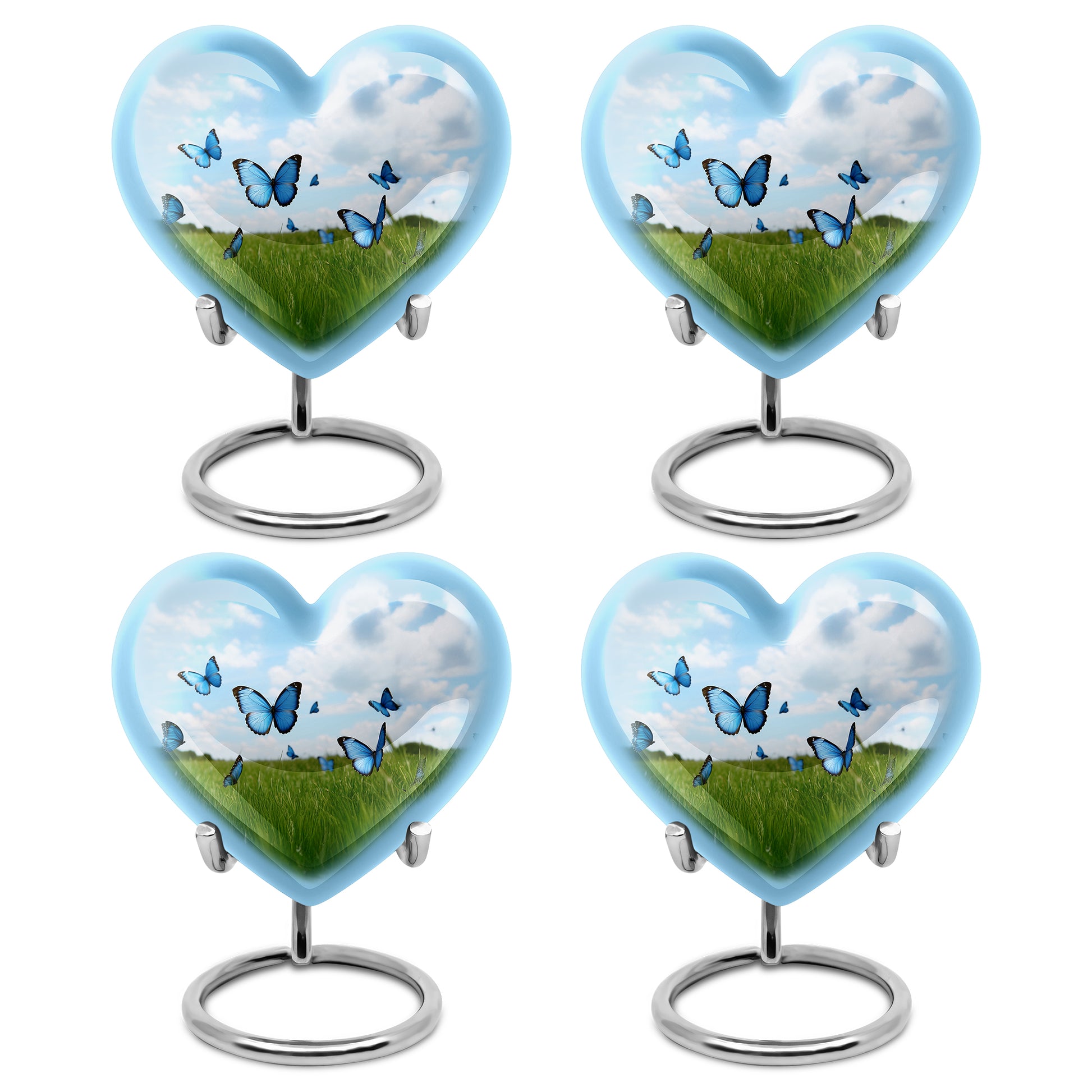 Misty Blue Butterfly Cremation Urn angled view of lid and engraved motif - loving heart memorial featuring butterfly pattern - 10 inch aluminum urn for cremated remains