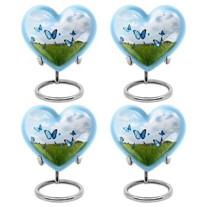 Misty Blue Butterfly Cremation Urn angled view of lid and engraved motif - loving heart memorial featuring butterfly pattern - 10 inch aluminum urn for cremated remains