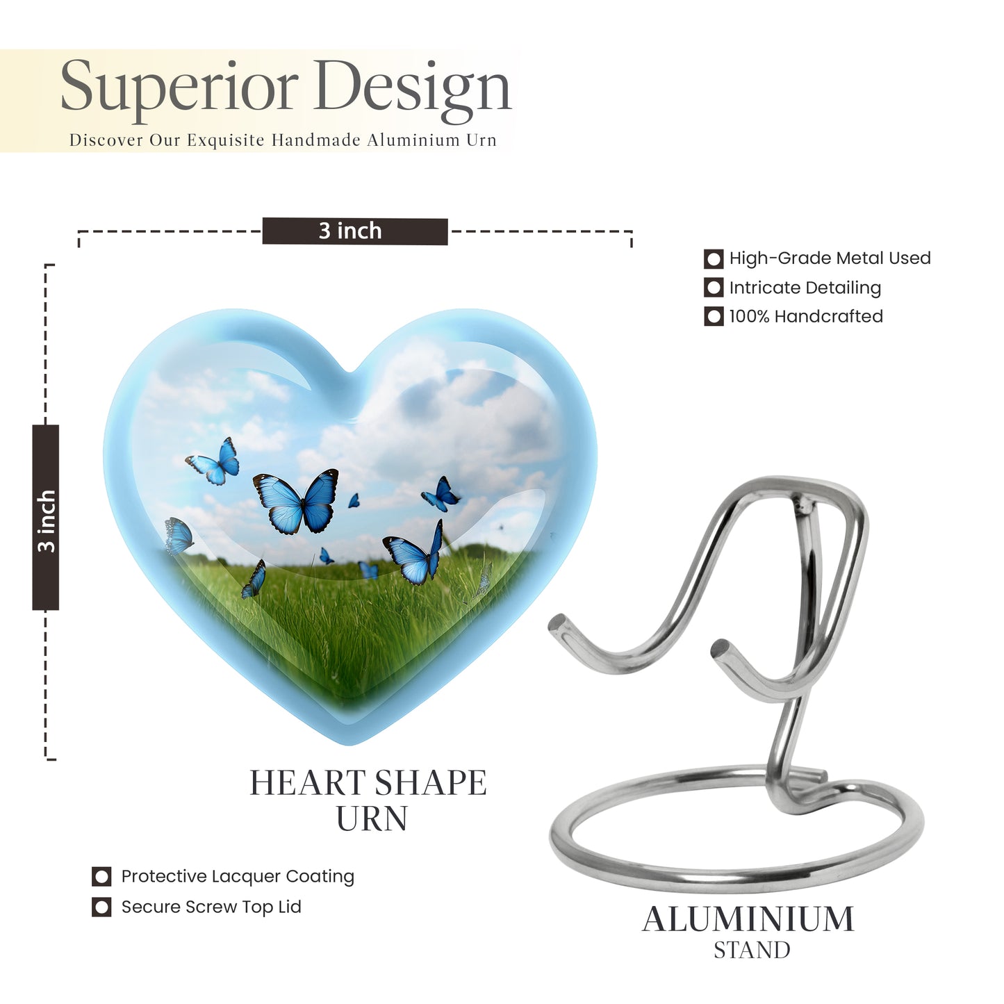 Vivid Blue Butterfly Cremation Urn front view showing detailed design - compassionate heart-butterfly combination with gentle curves - mini keepsake memorial for portion of cremation ashes