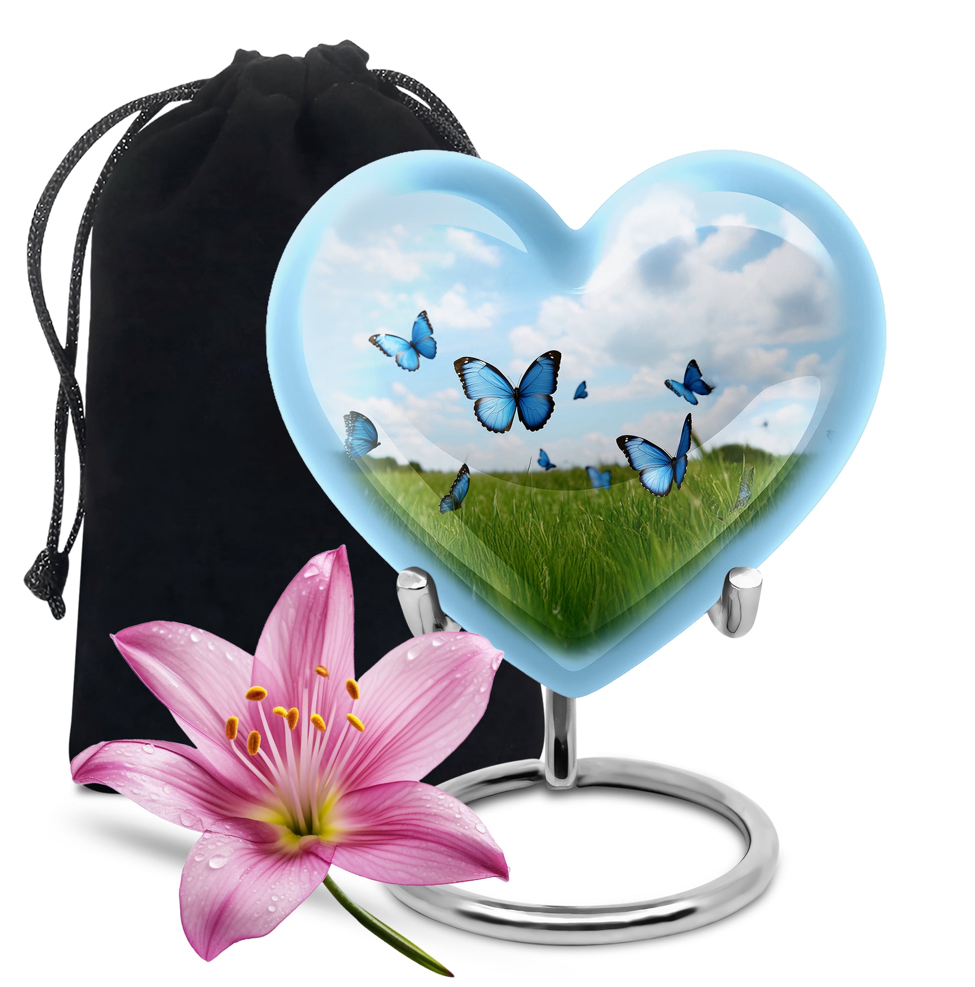 Pastel Blue Butterfly Cremation Urn detail view - heart-shaped butterfly design symbolizing eternal love - full-size 10 inch 200 cubic inch adult cremation urn