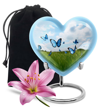 Pastel Blue Butterfly Cremation Urn detail view - heart-shaped butterfly design symbolizing eternal love - full-size 10 inch 200 cubic inch adult cremation urn