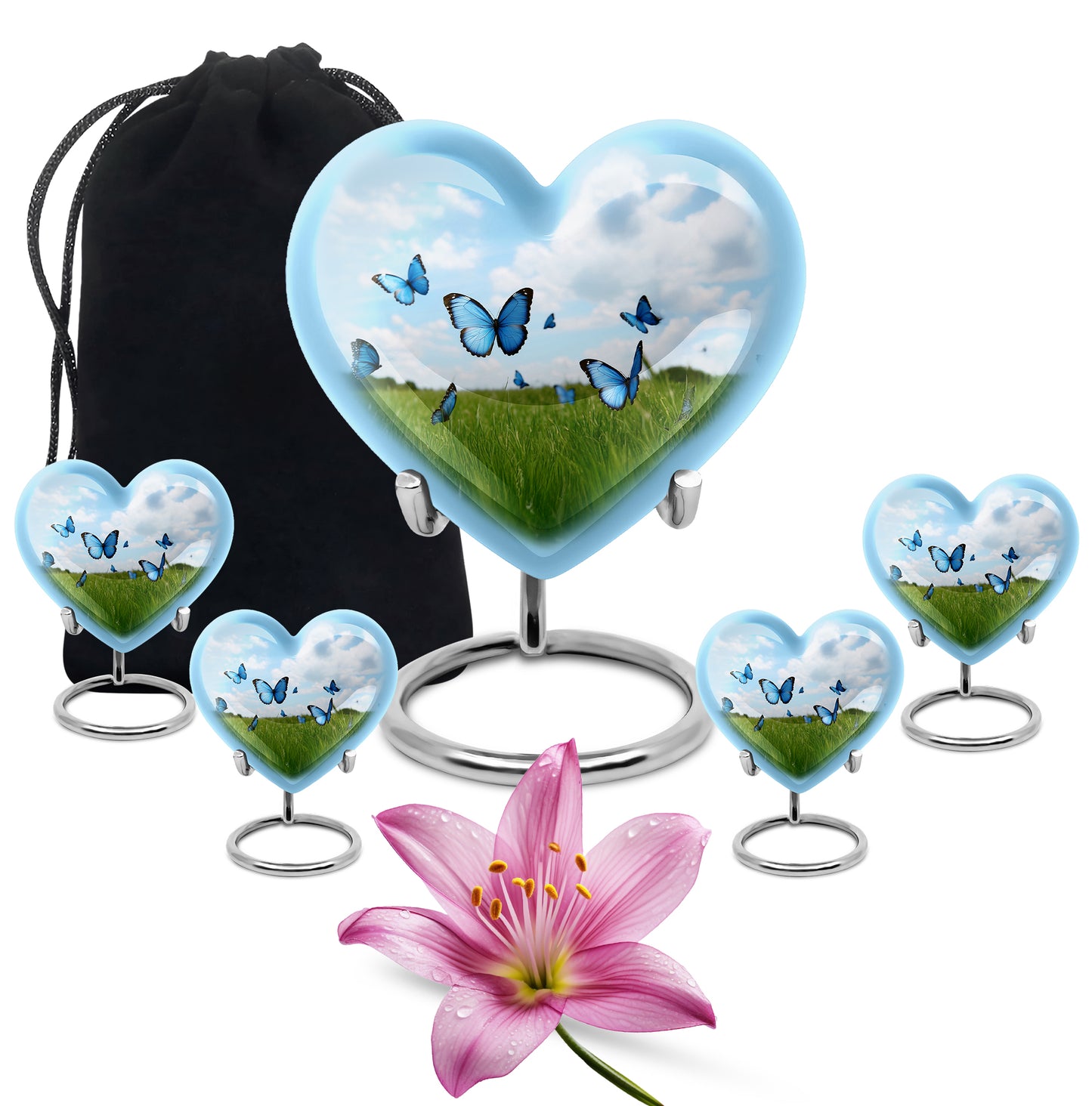Slate Blue Butterfly Cremation Urn close-up of engraving and surface detail - heart-shaped butterfly design symbolizing eternal love - memorial set with one large and four small urns