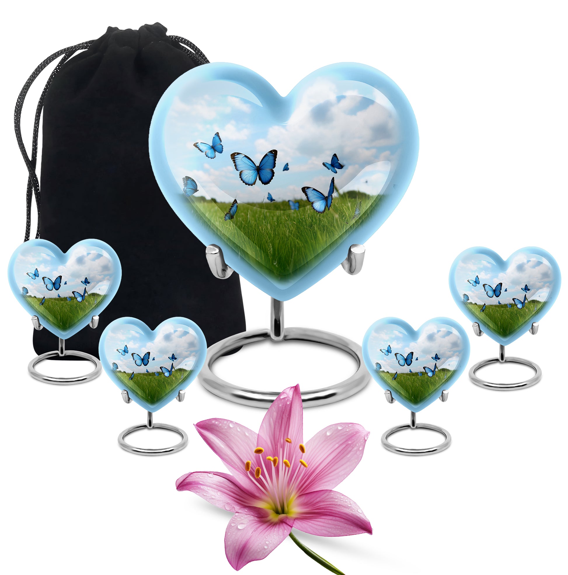 Slate Blue Butterfly Cremation Urn close-up of engraving and surface detail - heart-shaped butterfly design symbolizing eternal love - memorial set with one large and four small urns