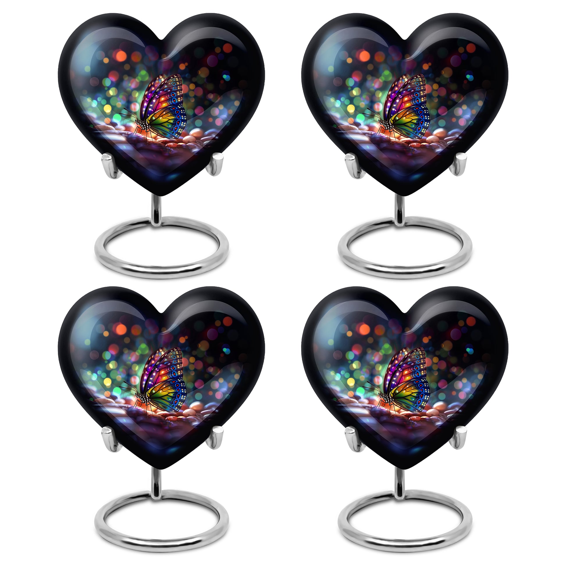 Calming Blue Butterfly Cremation Urn angled view of lid and engraved motif - compassionate heart-butterfly combination with gentle curves - 10 inch aluminum urn for cremated remains