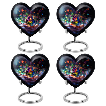 Calming Blue Butterfly Cremation Urn angled view of lid and engraved motif - compassionate heart-butterfly combination with gentle curves - 10 inch aluminum urn for cremated remains
