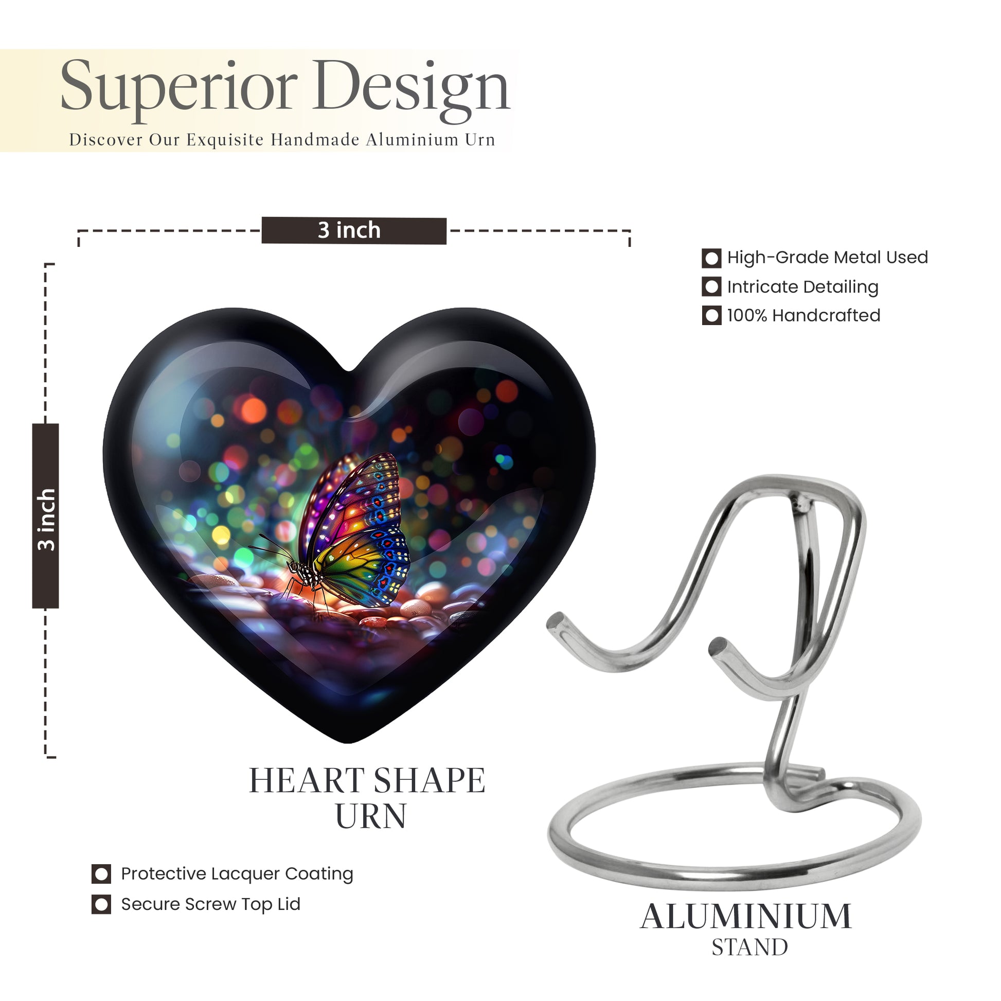 Celestial Blue Butterfly Cremation Urn front view showing detailed design - heart-shaped butterfly design symbolizing eternal love - mini keepsake memorial for portion of cremation ashes
