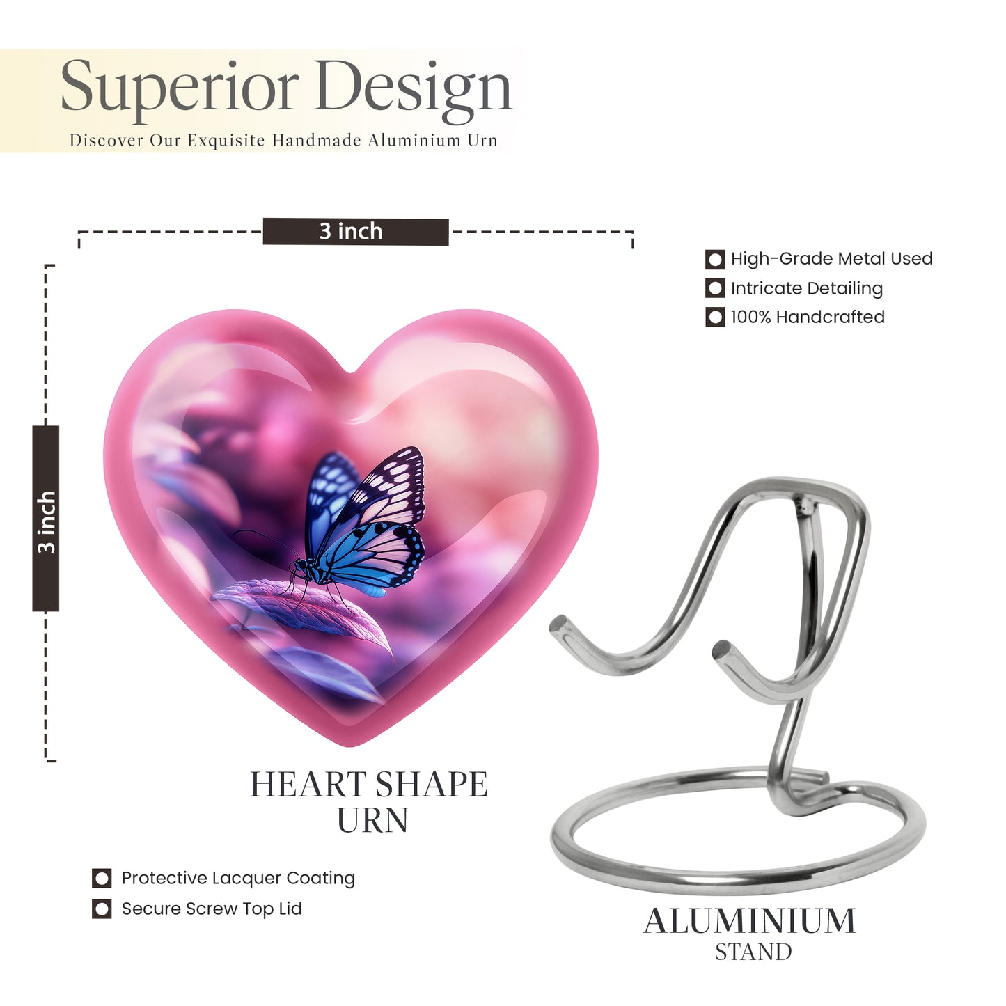 Coral Pink Butterfly Cremation Urn front view showing detailed design - heart-shaped butterfly design symbolizing eternal love - mini keepsake memorial for portion of cremation ashes