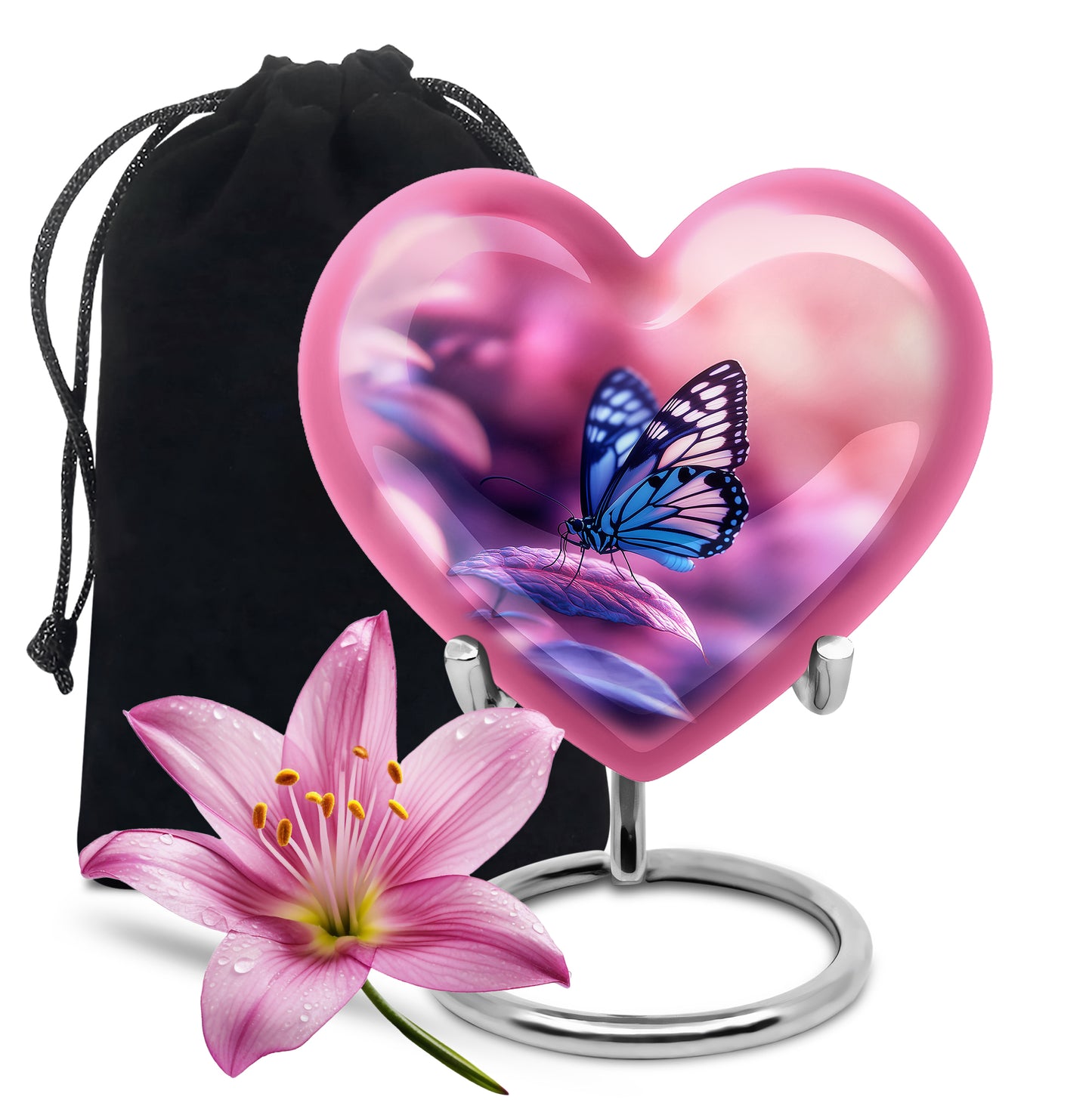 Coral Pink Butterfly Cremation Urn detail view - heart-shaped butterfly design symbolizing eternal love - full-size 10 inch 200 cubic inch adult cremation urn