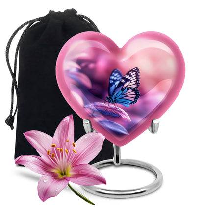 Coral Pink Butterfly Cremation Urn detail view - heart-shaped butterfly design symbolizing eternal love - full-size 10 inch 200 cubic inch adult cremation urn