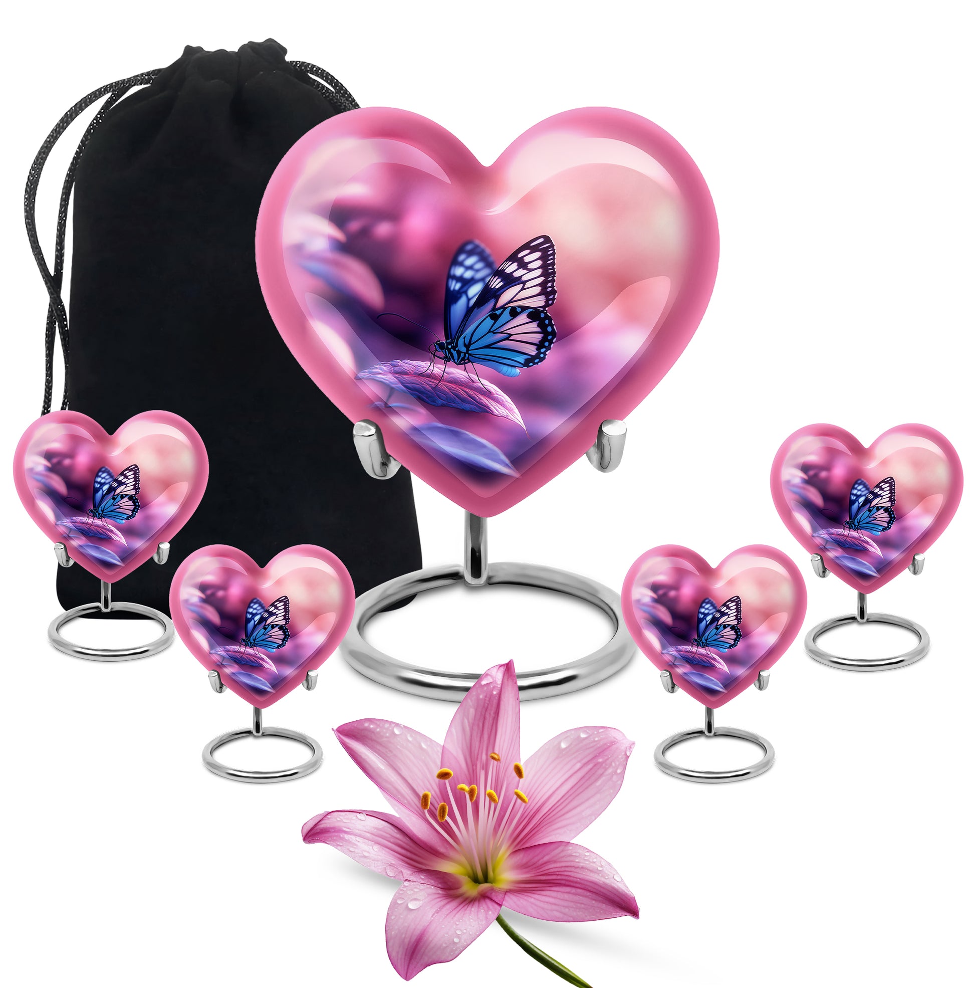 Dusty Pink Butterfly Cremation Urn close-up of engraving and surface detail - romantic heart urn with butterfly motif on aluminum - memorial set with one large and four small urns