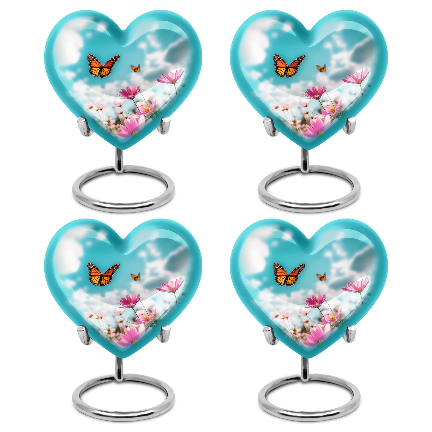 Soft Teal Butterfly Cremation Urn angled view of lid and engraved motif - heart-shaped butterfly design symbolizing eternal love - 10 inch aluminum urn for cremated remains