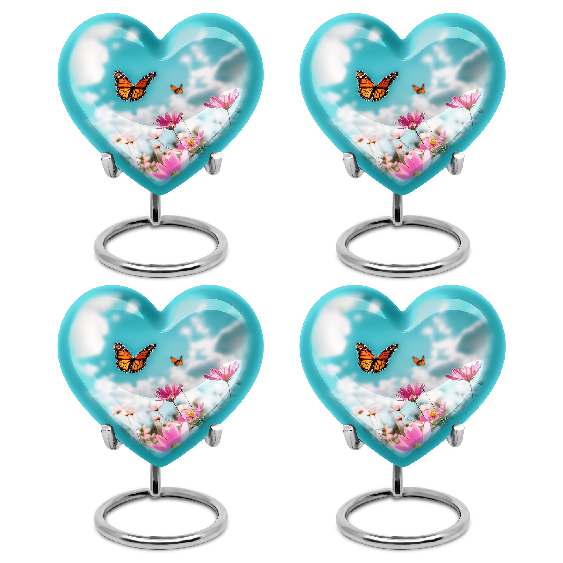 Soft Teal Butterfly Cremation Urn angled view of lid and engraved motif - heart-shaped butterfly design symbolizing eternal love - 10 inch aluminum urn for cremated remains