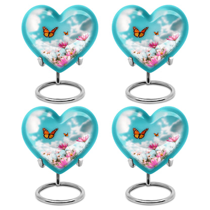 Soft Teal Butterfly Cremation Urn angled view of lid and engraved motif - heart-shaped butterfly design symbolizing eternal love - 10 inch aluminum urn for cremated remains