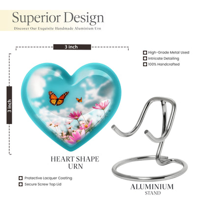 Ocean Teal Butterfly Cremation Urn front view showing detailed design - heart-shaped butterfly design symbolizing eternal love - mini keepsake memorial for portion of cremation ashes