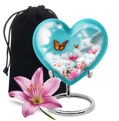 Cool Teal Butterfly Cremation Urn detail view - heart-shaped butterfly design symbolizing eternal love - full-size 10 inch 200 cubic inch adult cremation urn