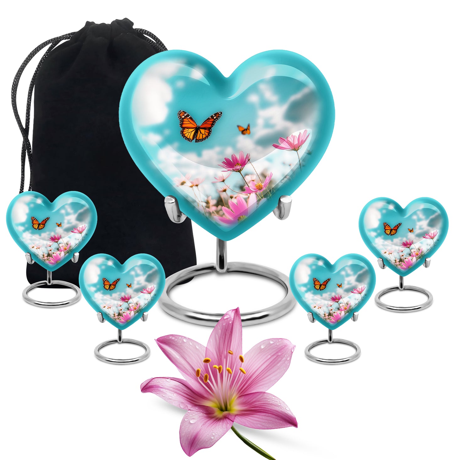 Cool Teal Butterfly Cremation Urn close-up of engraving and surface detail - loving heart memorial featuring butterfly pattern - memorial set with one large and four small urns