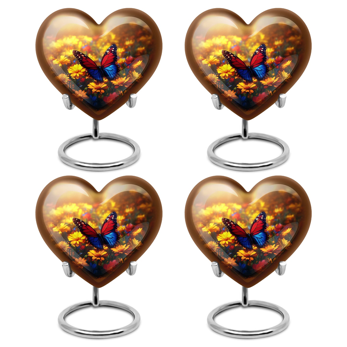 Sunrise Gold Butterfly Cremation Urn angled view of lid and engraved motif - heart-shaped butterfly design symbolizing eternal love - 10 inch aluminum urn for cremated remains