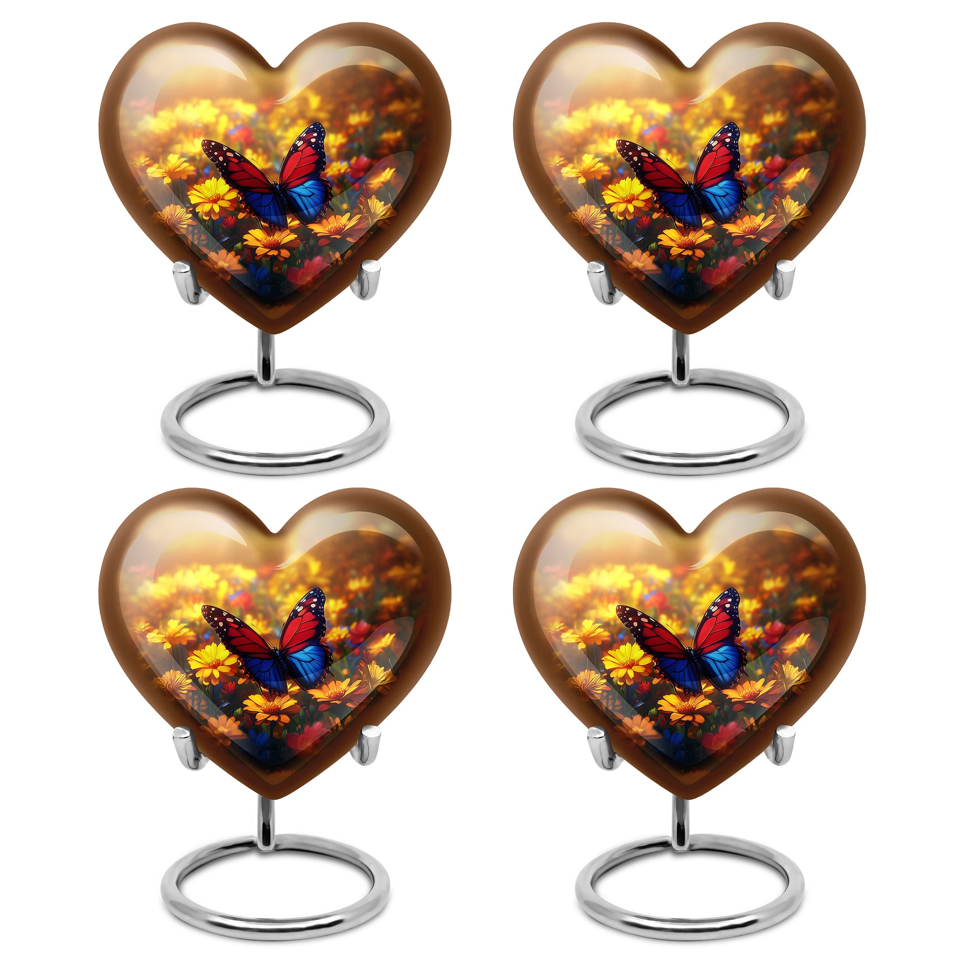 Sunrise Gold Butterfly Cremation Urn angled view of lid and engraved motif - heart-shaped butterfly design symbolizing eternal love - 10 inch aluminum urn for cremated remains
