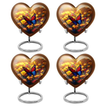 Sunrise Gold Butterfly Cremation Urn angled view of lid and engraved motif - heart-shaped butterfly design symbolizing eternal love - 10 inch aluminum urn for cremated remains