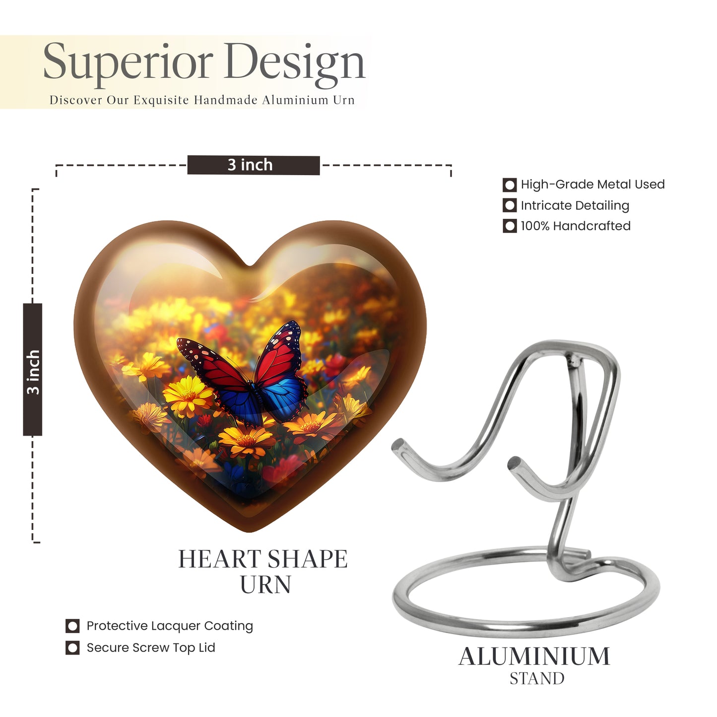 Sunrise Gold Butterfly Cremation Urn front view showing detailed design - heart-shaped butterfly design symbolizing eternal love - mini keepsake memorial for portion of cremation ashes
