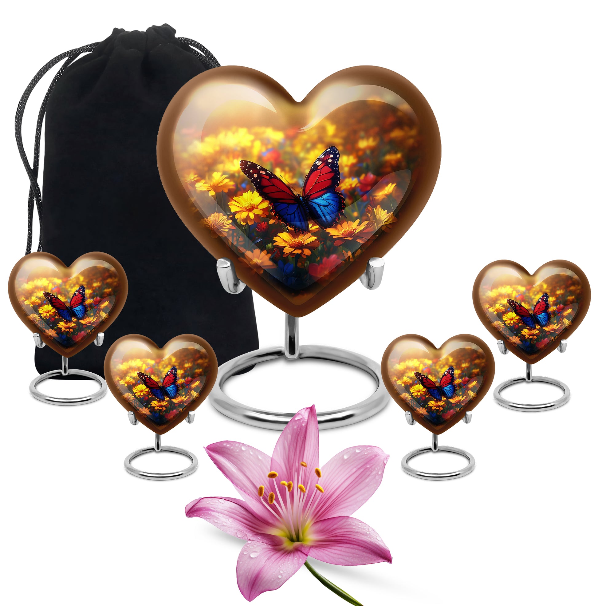 Champagne Gold Butterfly Cremation Urn close-up of engraving and surface detail - heart-shaped butterfly design symbolizing eternal love - memorial set with one large and four small urns