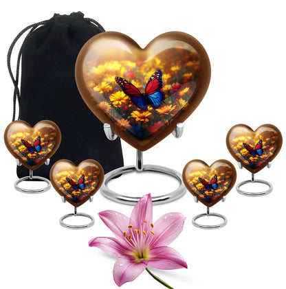 Champagne Gold Butterfly Cremation Urn close-up of engraving and surface detail - heart-shaped butterfly design symbolizing eternal love - memorial set with one large and four small urns