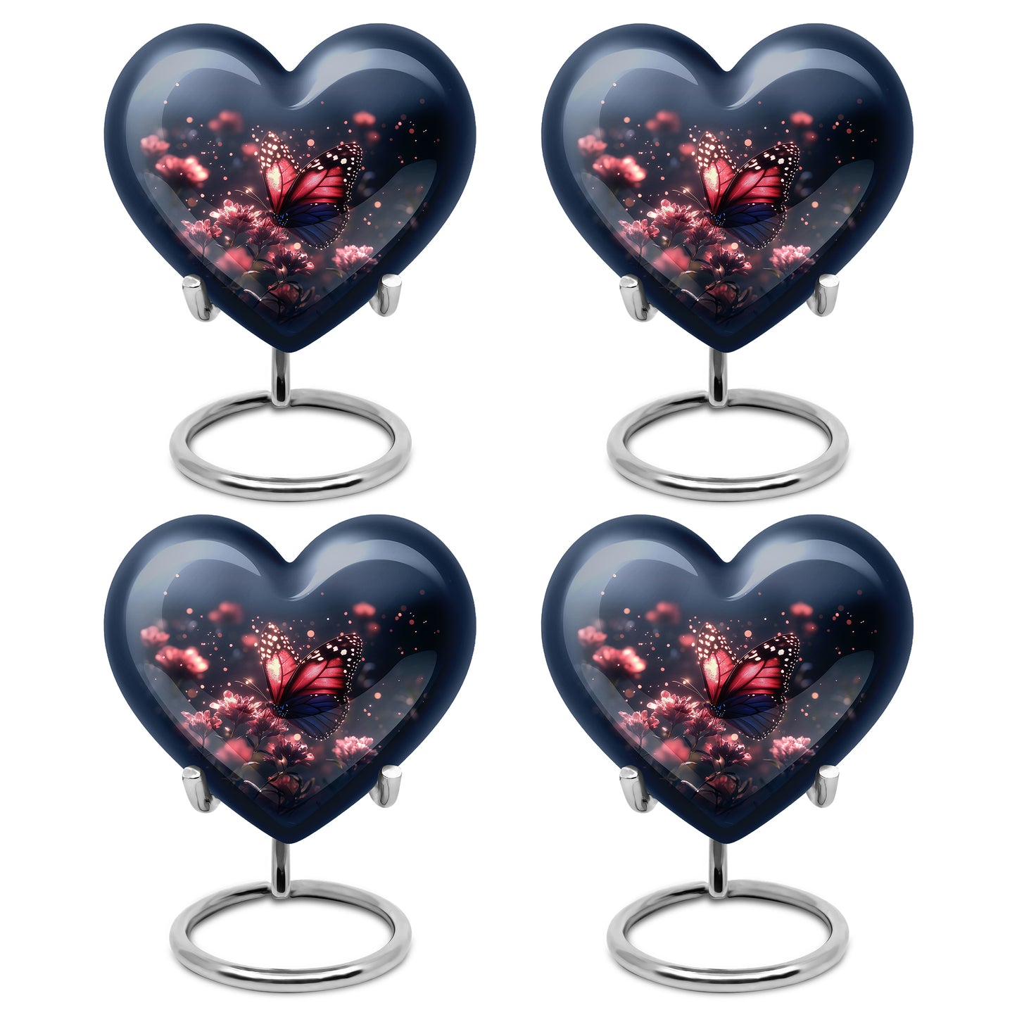 Calming Blue Butterfly Cremation Urn angled view of lid and engraved motif - romantic heart urn with butterfly motif on aluminum - 10 inch aluminum urn for cremated remains