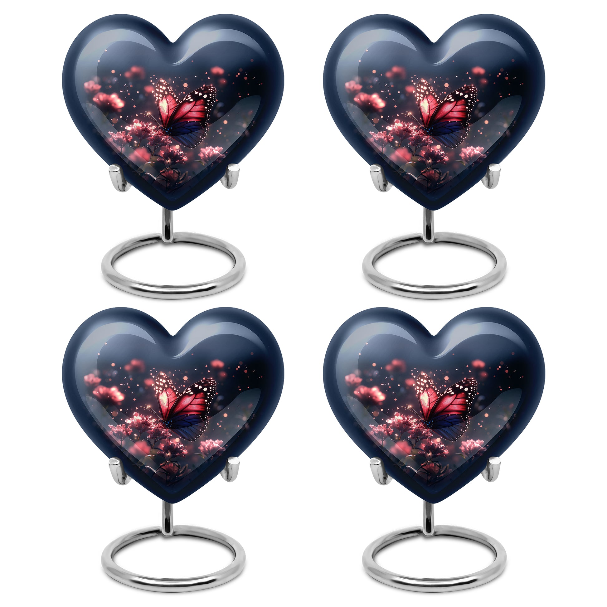 Calming Blue Butterfly Cremation Urn angled view of lid and engraved motif - romantic heart urn with butterfly motif on aluminum - 10 inch aluminum urn for cremated remains