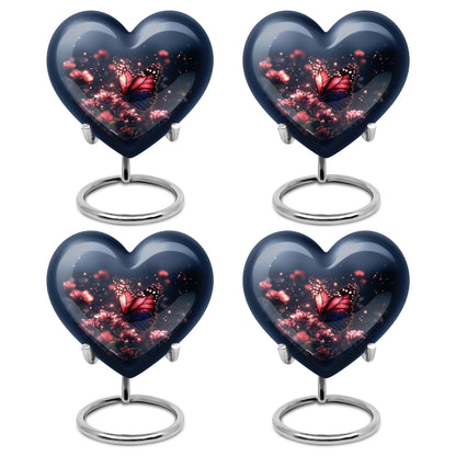 Calming Blue Butterfly Cremation Urn angled view of lid and engraved motif - romantic heart urn with butterfly motif on aluminum - 10 inch aluminum urn for cremated remains