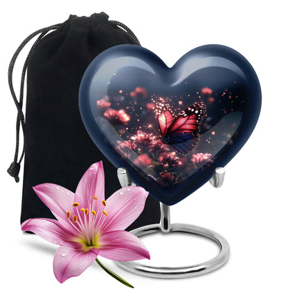 Sky Blue Butterfly Cremation Urn detail view - loving heart memorial featuring butterfly pattern - full-size 10 inch 200 cubic inch adult cremation urn