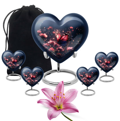 Navy Blue Butterfly Cremation Urn close-up of engraving and surface detail - heart-shaped butterfly design symbolizing eternal love - memorial set with one large and four small urns