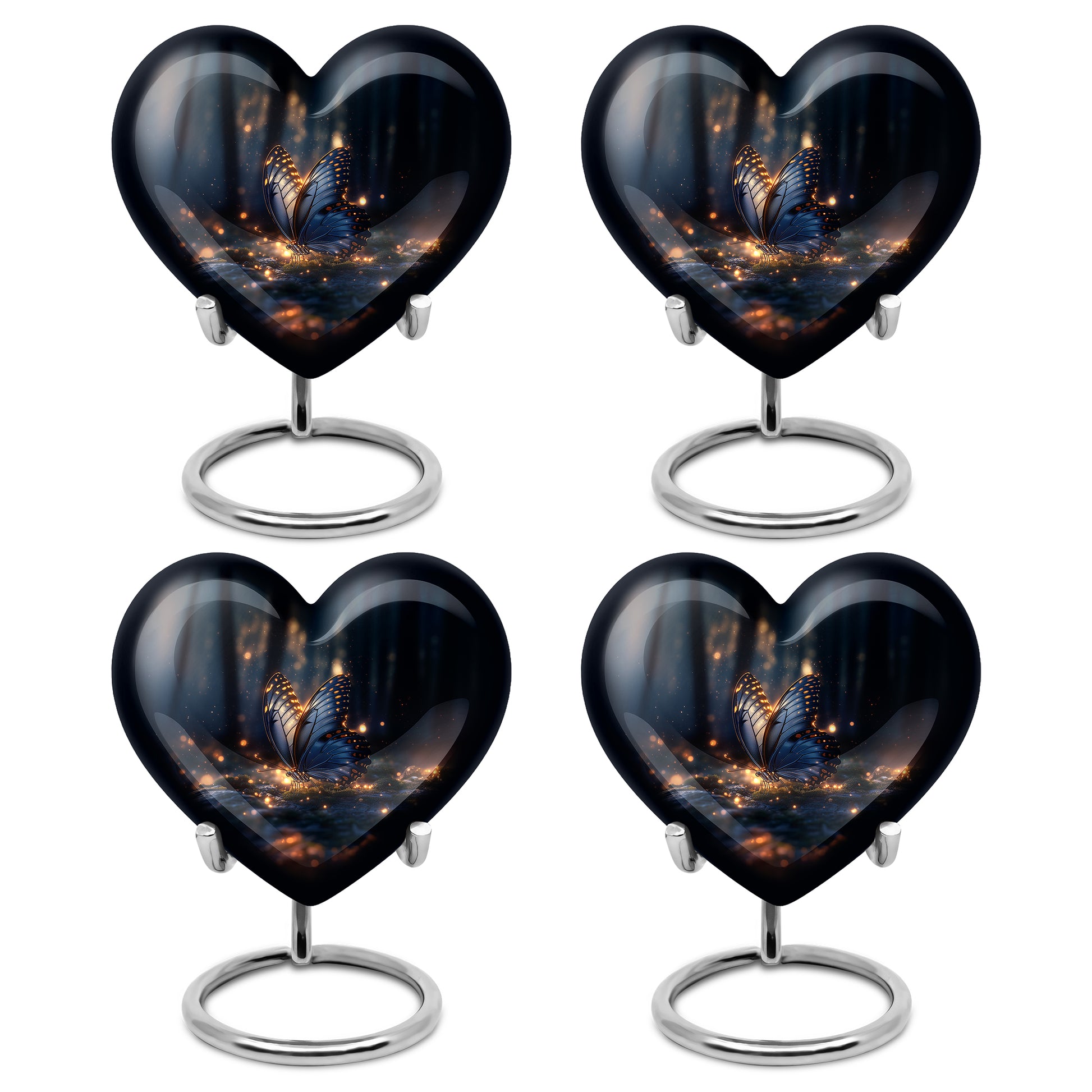 Charcoal Black Butterfly Cremation Urn angled view of lid and engraved motif - romantic heart urn with butterfly motif on aluminum - 10 inch aluminum urn for cremated remains