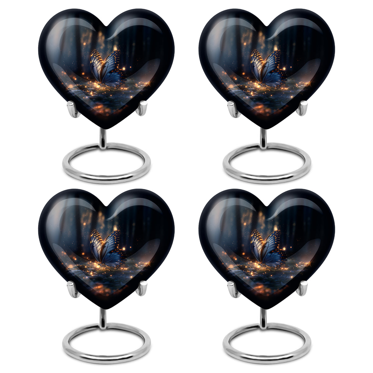Charcoal Black Butterfly Cremation Urn angled view of lid and engraved motif - romantic heart urn with butterfly motif on aluminum - 10 inch aluminum urn for cremated remains