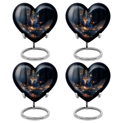 Charcoal Black Butterfly Cremation Urn angled view of lid and engraved motif - romantic heart urn with butterfly motif on aluminum - 10 inch aluminum urn for cremated remains