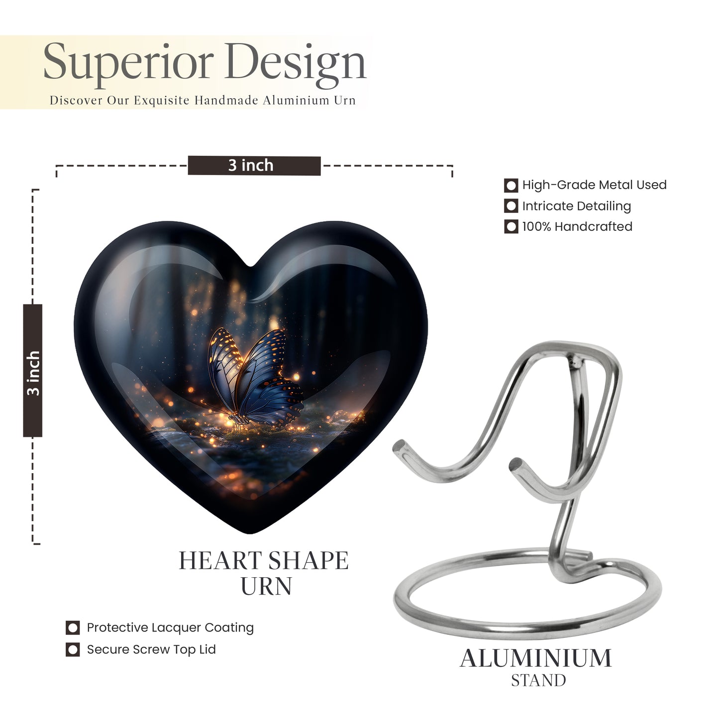 Dark Black Butterfly Cremation Urn front view showing detailed design - romantic heart urn with butterfly motif on aluminum - mini keepsake memorial for portion of cremation ashes