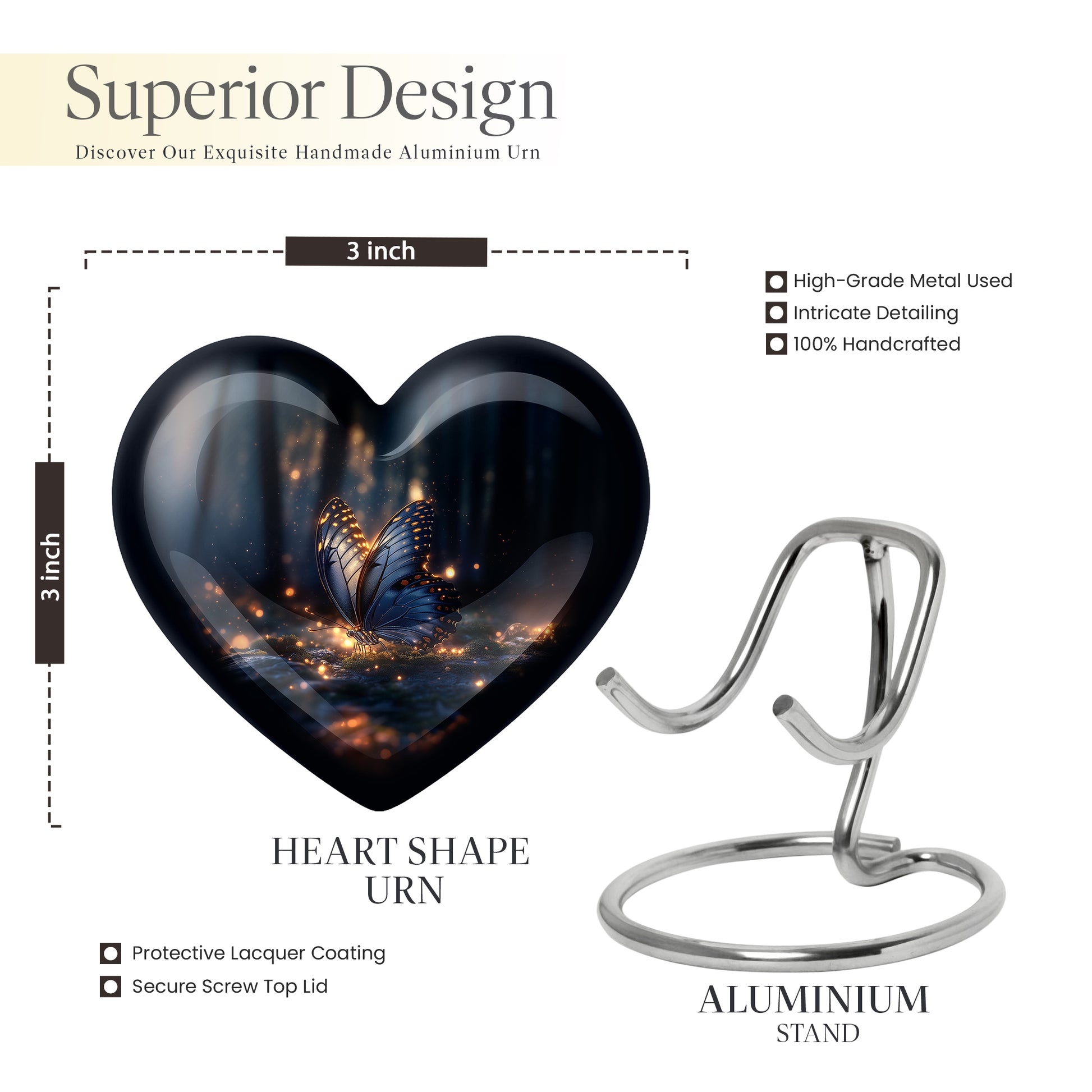 Dark Black Butterfly Cremation Urn front view showing detailed design - romantic heart urn with butterfly motif on aluminum - mini keepsake memorial for portion of cremation ashes