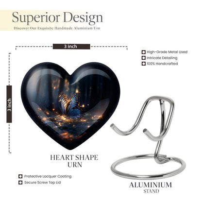 Dark Black Butterfly Cremation Urn front view showing detailed design - romantic heart urn with butterfly motif on aluminum - mini keepsake memorial for portion of cremation ashes