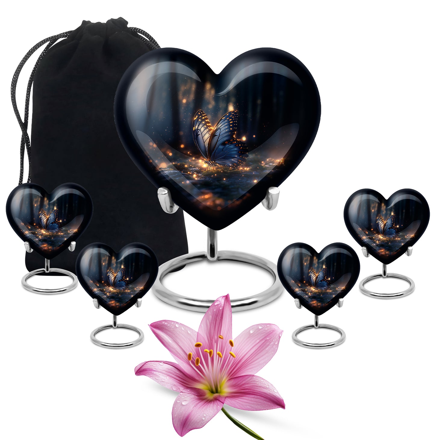 Obsidian Black Butterfly Cremation Urn close-up of engraving and surface detail - compassionate heart-butterfly combination with gentle curves - memorial set with one large and four small urns