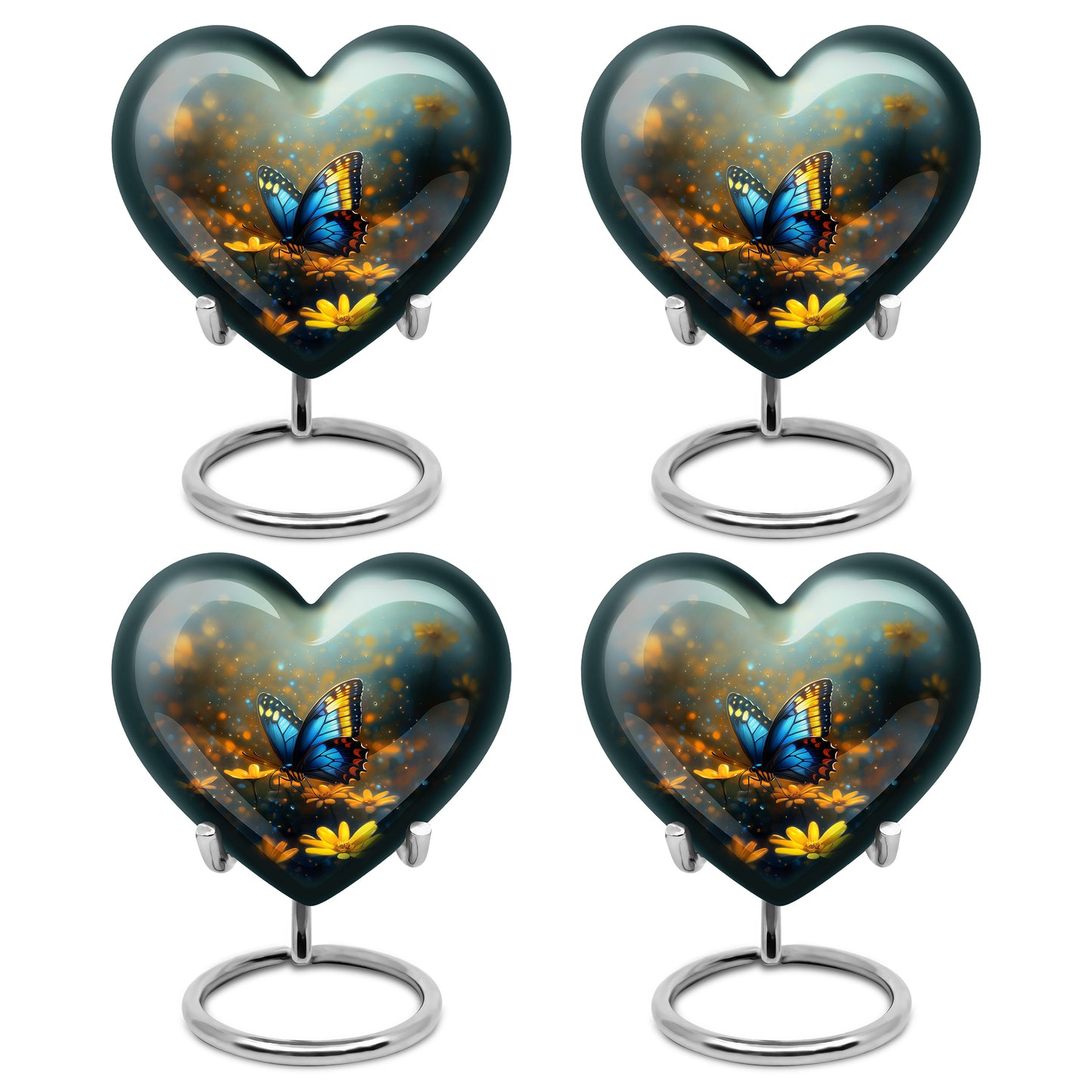 Pewter Gray Butterfly Cremation Urn angled view of lid and engraved motif - heart-shaped butterfly design symbolizing eternal love - 10 inch aluminum urn for cremated remains