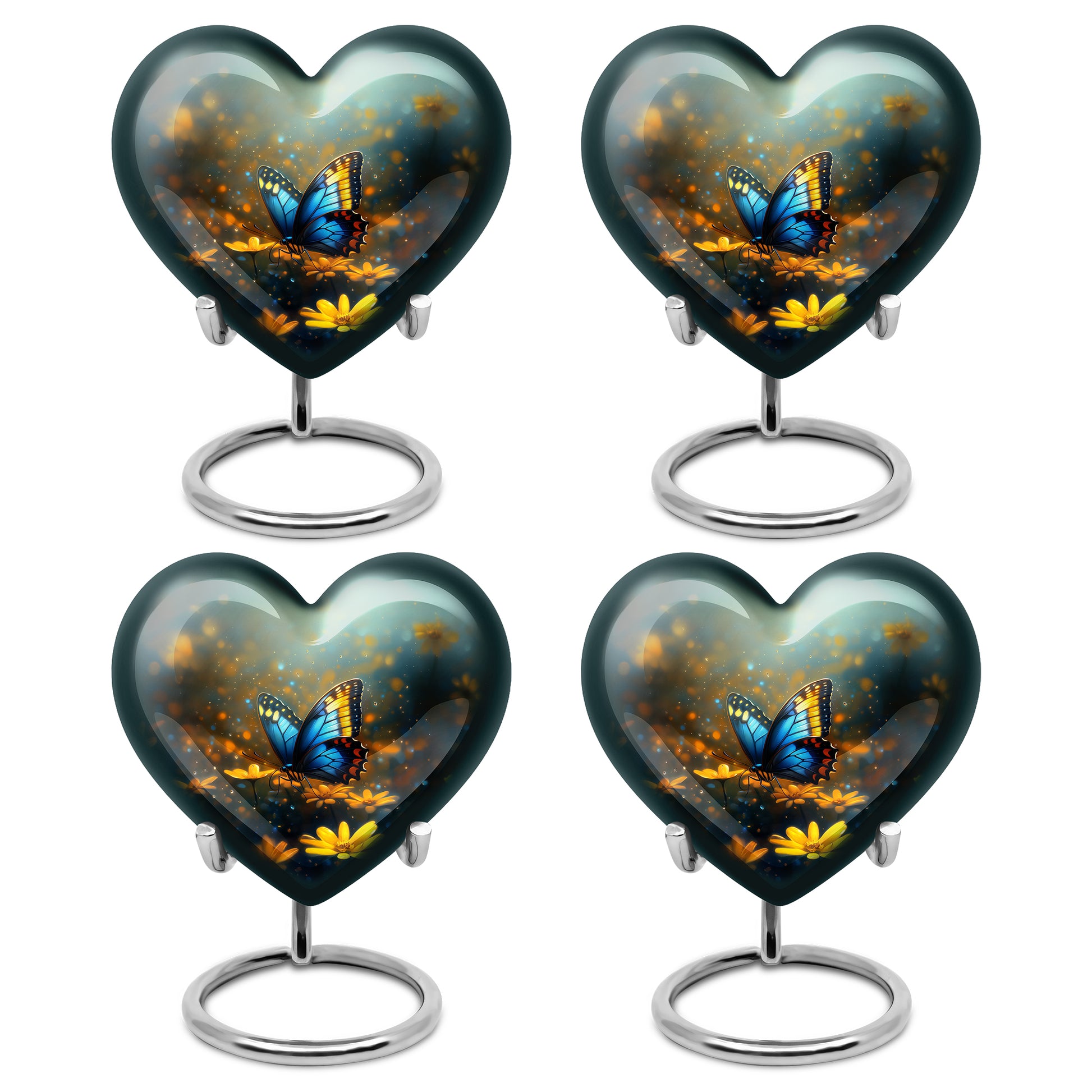 Pewter Gray Butterfly Cremation Urn angled view of lid and engraved motif - heart-shaped butterfly design symbolizing eternal love - 10 inch aluminum urn for cremated remains