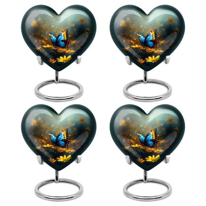 Pewter Gray Butterfly Cremation Urn angled view of lid and engraved motif - heart-shaped butterfly design symbolizing eternal love - 10 inch aluminum urn for cremated remains