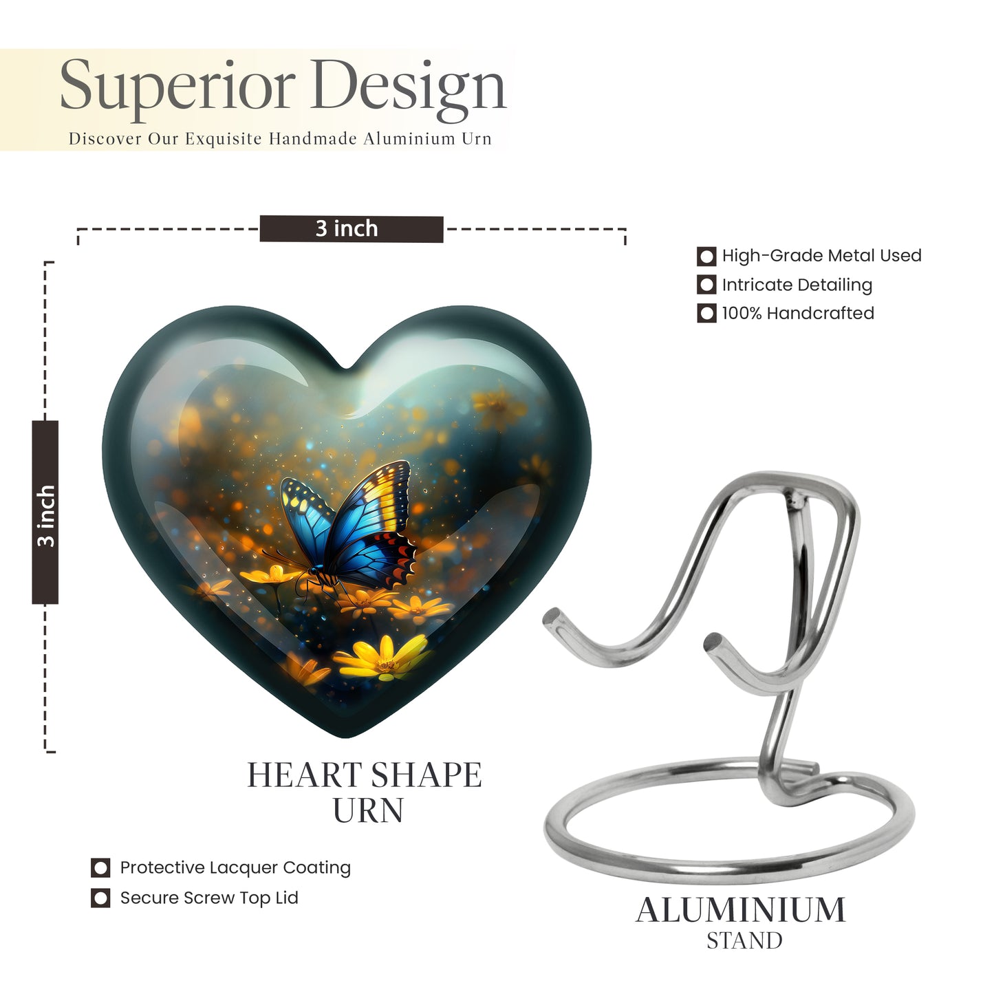 Smoke Gray Butterfly Cremation Urn front view showing detailed design - romantic heart urn with butterfly motif on aluminum - mini keepsake memorial for portion of cremation ashes
